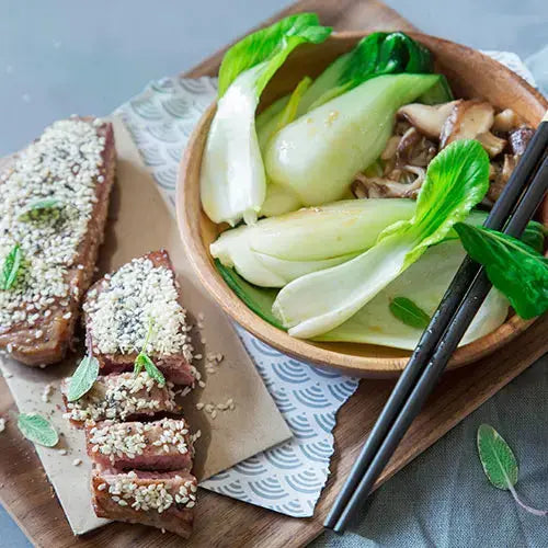 Thunfisch tataki mit sesam, pak choi und gegrillten shiitake-pilzen - Campingaz & Coleman